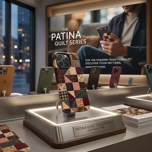 May include: A smartphone case featuring a multi-colored patchwork quilt pattern with various geometric shapes and floral prints. The case is displayed on a lighted stand with a plaque reading PATINA QUILT COLLECTION - LIMITED EDITION -.
