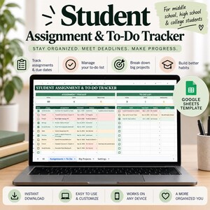 Puede incluir: Un rastreador digital de tareas y pendientes mostrado en la pantalla de una computadora portátil. La interfaz presenta una plantilla de Google Sheets con columnas para clase, tarea, fecha de entrega, estado y notas para estudiantes.