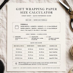 May include: A white informational sheet titled Gift Wrapping Paper Size Calculator with black text, formulas, and a quick size guide table. The document outlines steps to measure, calculate, and cut paper for boxes, including metric measurements.