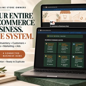 May include: Two laptops display an e-commerce business management system. Text reads: FOR ONLINE STORE OWNERS, YOUR ENTIRE E-COMMERCE BUSINESS. ONE SYSTEM. Orders, Inventory, Customers, Expenses, Marketing, Ads. 6 CONNECTED BUSINESS HUBS. Built in Notion.