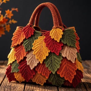 Può includere: Una borsa all'uncinetto caratterizzata da un design a strati di foglie dai colori autunnali in tonalità rosso, arancione, giallo, verde e beige. La borsa presenta due robusti manici all'uncinetto e una superficie strutturata dal motivo.