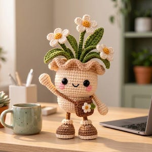 Könnte beinhalten: Eine gehäkelte Amigurumi-Figur in Form einer Topfpflanze mit beigem, gerüschtem Topf, grünen Blättern und drei weißen Blüten mit gelber Mitte. Die Figur hat schwarze Augen, rosa Wangen, eine braune Umhängetasche mit Blume und braune Schuhe.