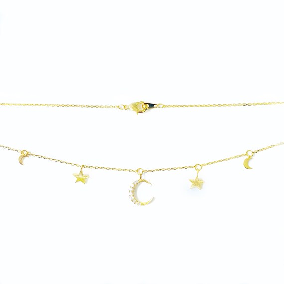 Dainty Wedding Bridesmaid Gift Simple Tiny CZ Crescent Moon /& Star Necklace Birthday Gift