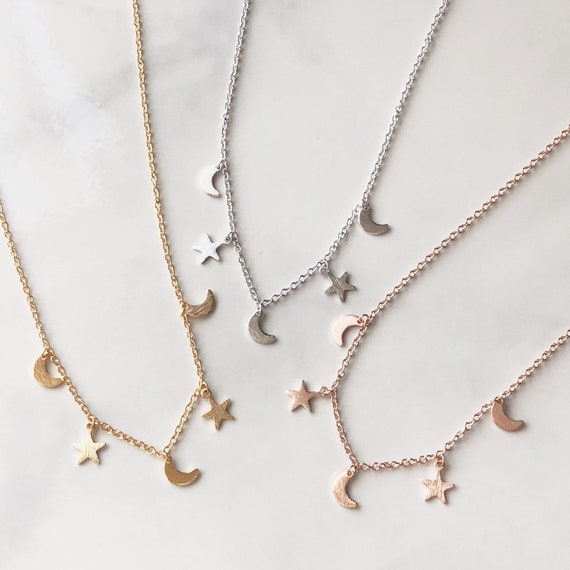 Dainty Wedding Bridesmaid Gift Simple Tiny CZ Crescent Moon /& Star Necklace Birthday Gift