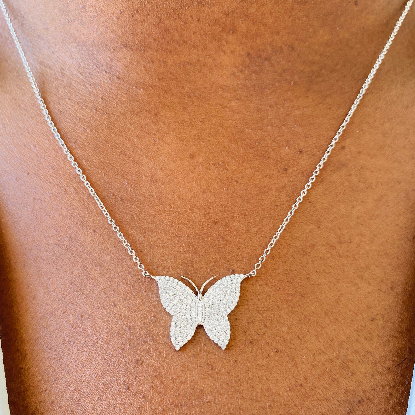 18k CZ Butterfly Pendant Necklace Butterfly Necklace Etsy