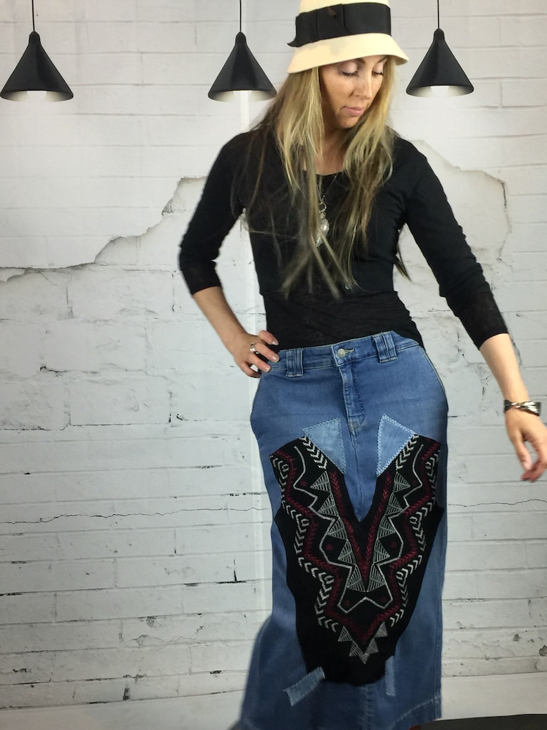 Boho Clothing Bohemian Clothing Long Denim Skirt Upcycled | Etsy
