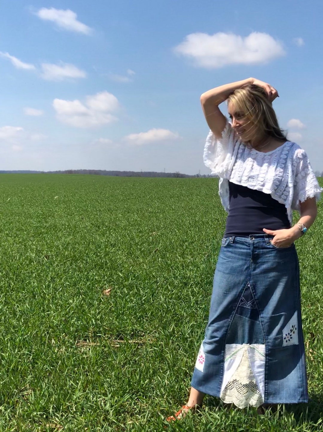 Denim Maxi Skirt With Vintage Lace for Women Long Denim Etsy