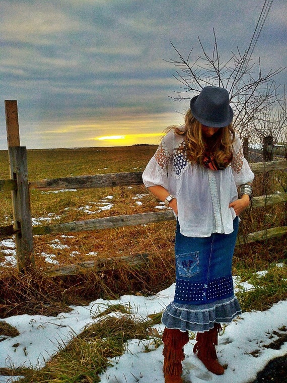 long denim ruffle skirt