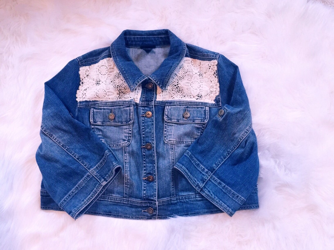 Womens Denim Jacket Distressed Denim Jacket Boho Lace Jacket Etsy