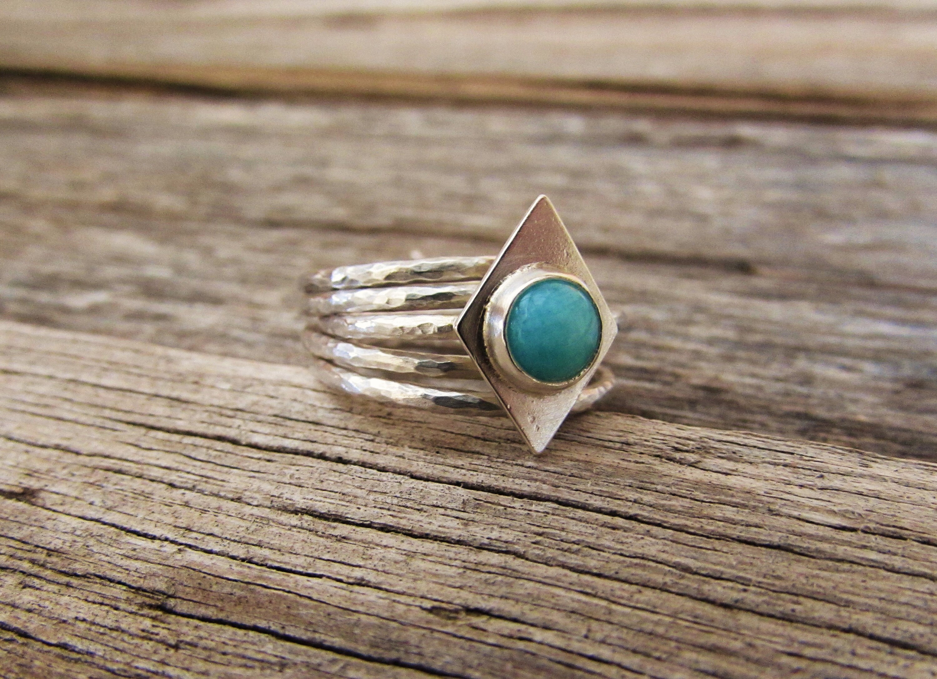 Recycled Sterling Silver Amazonite Stacking Ring Set Thin Hammered ...