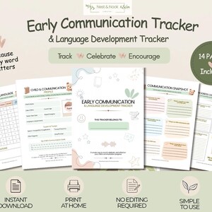 May include: A digital early communication and language development tracker set featuring 14 pages. The documents include sections for child profiles, communication snapshots, and progress summaries with soft pastel graphics and clear text headings.