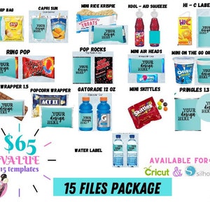 Party favors / Silhouette templates / Silhouette Files / snack wrappers / Chip Bags / Chip bag template / diy templates / treat wrappers