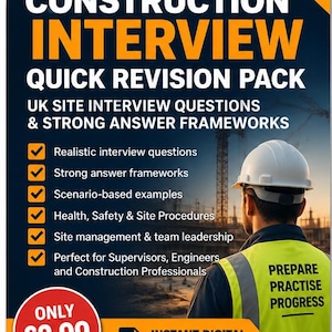 Könnte beinhalten: Ein digitaler Leitfaden mit dem Titel Construction Interview Quick Revision Pack Book 3, der einen Bauarbeiter mit Schutzhelm und Warnweste zeigt. Der Text enthält Fragen für Vorstellungsgespräche, Antwortrahmen und Informationen zum digitalen Download.