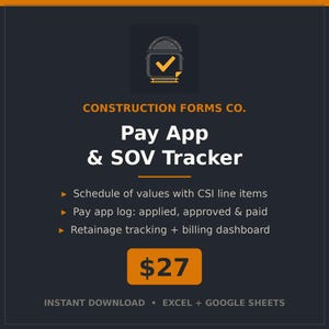 Puede incluir: Un documento digital titulado Construction Forms Co. Pay App & SOV Tracker. Incluye un programa de valores con partidas CSI, un registro de pagos para montos aplicados, aprobados y pagados, y un panel de control para la facturación.