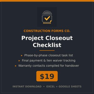 Construction Closeout Checklist Excel, Project Handover Checklist Template, Contractor Final Payment and Warranty Tracker Spreadsheet