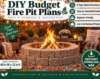 Op de afbeelding: Een digitale downloadgids voor doe-het-zelf vuurplaatsplannen met een beperkt budget. De tekst luidt DIY Budget Fire Pit Plans, 6-Page Digital Download, Step-by-Step Build Guide, Beginner-Friendly, Low-Cost Backyard Project en Approx. Finished Size 122 cm W x 30 cm H.