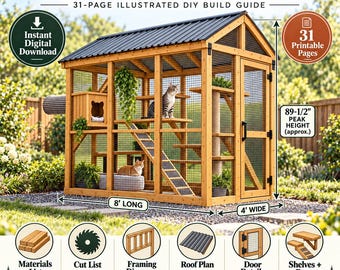 May include: A 31-page digital DIY build guide for an 8' x 4' walk-in catio. The plans feature a wooden structure with a dark metal roof, wire mesh walls, interior shelves, a ramp, and a door. Includes materials list, cut list, and diagrams.