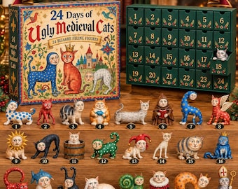 24 dagar av fula medeltida katter adventskalender, 24 bisarra kattfigurer, rolig gotisk julnedräkning, unik present till kattälskare