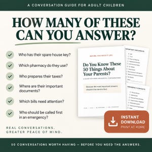 May include: A digital conversation guide for adult children titled Do You Know These 50 Things About Your Parents? The document includes checklists for important documents and emergency contacts, with text prompts about spare keys, pharmacy details, and taxes.