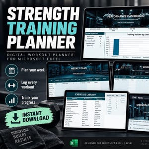 May include: A digital strength training planner for Microsoft Excel displayed on multiple screens. The interface features a performance dashboard, weekly plan, workout log, and exercise library with dark blue and white text and graphics.