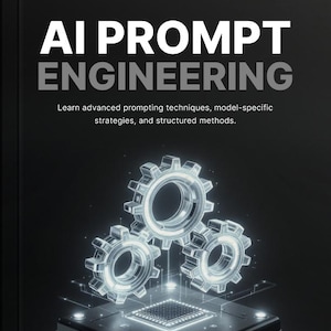 May include: A black book cover titled AI PROMPT ENGINEERING with the subtitle Learn advanced prompting techniques, model-specific strategies, and structured methods. The graphic features three glowing white gears above a square circuit board.