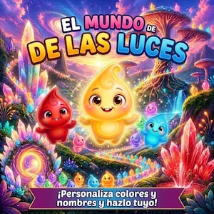 Op de afbeelding: Een levendige digitale illustratie getiteld EL MUNDO DE LAS LUCES met een centraal geel gloeiend personage omringd door kleinere rode en blauwe figuren. De scène bevat kleurrijke kristalformaties, gloeiende paddenstoelen en tekst onderaan.