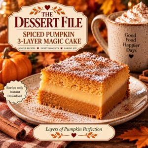 Easy Spiced Pumpkin 3-Layer Magic Cake Recipe (Digital Download) US UK Printable