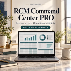 May include: A laptop displaying the RCM Command Center PRO dashboard with data charts and tables. The screen text reads MetricForgeHQ, RCM Command Center PRO, Revenue cycle, Operational visibility, EXCEL, DIGITAL DOWNLOAD, and Illustrative mockup, Digital files only.
