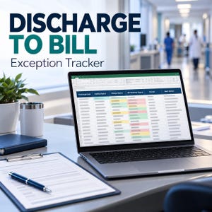 May include: A laptop displaying a spreadsheet titled DISCHARGE TO BILL Exception Tracker with columns for dates, status, and owners. A pen, a clipboard, and a small potted plant sit on the desk next to the open laptop in a professional office.