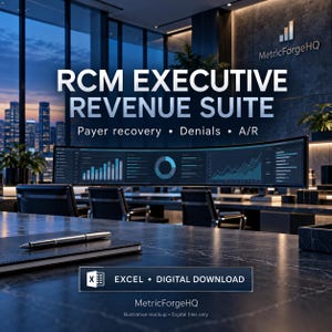 May include: A digital download for an RCM Executive Revenue Suite featuring payer recovery, denials, and A/R management. The image displays a curved monitor with data charts on a desk with a pen and notebook, labelled Excel Digital Download.