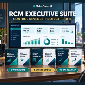 May include: A digital dashboard titled RCM EXECUTIVE SUITE CONTROL REVENUE. PROTECT PROFIT. displayed on a monitor, accompanied by six physical workbooks and guides labelled Payer Recovery Workbook, RCM Command Center, Medical Billing Company OS, Executive Decision Playbook, Scaling Guide, and 90-Day Implementation Roadmap.