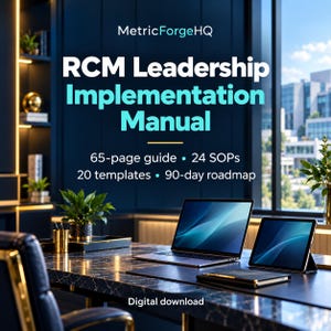 Pode incluir: Um download digital intitulado RCM Leadership Implementation Manual da MetricForgeHQ. O texto lista um guia de 65 páginas, 24 SOPs, 20 modelos e um roteiro de 90 dias em uma mesa de escritório moderna com laptop e tablet.