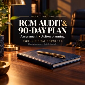 May include: A digital download for an RCM Audit & 90-Day Plan featuring assessment and action planning tools in Excel format. The text METRICFORGEHQ RCM AUDIT & 90-DAY PLAN Assessment • Action planning EXCEL • DIGITAL DOWNLOAD is displayed.