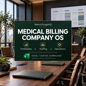 Può includere: Una grafica di prodotto digitale verde scuro intitolata MetricForgeHQ Medical Billing Company OS. Presenta icone per Profitability, Staffing e Operations, con un logo Excel e il testo Digital Download e Illustrative mockup.