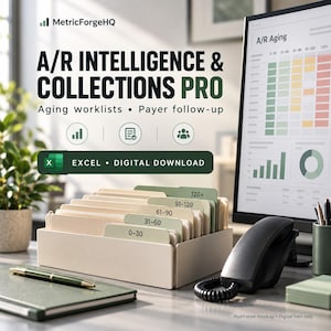 Può includere: Un organizer da scrivania contenente cartelle etichettate con le categorie 0-30, 31-60, 61-90, 91-120 e 120+. Il testo recita A/R INTELLIGENCE & COLLECTIONS PRO, Aging worklists, Payer follow-up e EXCEL DIGITAL DOWNLOAD.