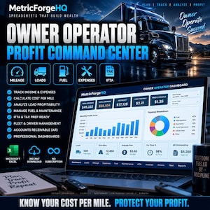 May include: A digital dashboard titled Owner Operator Profit Command Center displayed on a laptop screen. The interface shows financial metrics, a monthly profit trend graph, and an expense breakdown pie chart. Text includes Plan, Track, Analyze, Profit, and Owner Operate Succeed.