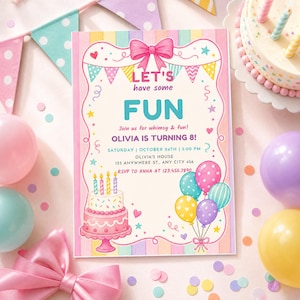 May include: A rectangular birthday invitation card with a pastel striped background, featuring a pink bow at the top, a cake illustration, and balloons. The text reads: LET'S have some FUN, Join us for whimsy & fun! OLIVIA IS TURNING 8!, SATURDAY | OCTOBER 24TH | 3:00 PM, OLIVIA'S HOUSE, 123 ANYWHERE ST., ANY CITY 456, RSVP TO ANNA AT 123.456.7890.