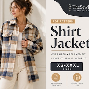 May include: A PDF sewing pattern for an oversized shirt jacket by TheSewForm. The image displays a plaid shirt jacket in shades of tan, navy blue, and white, featuring a collar, button-front closure, and two chest pockets. Sizes range from XS-XXXL.