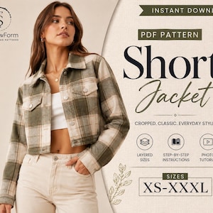 Op de afbeelding: Een kort jasje met een groen en beige ruitpatroon, voorzien van een kraag, lange mouwen en een knoopsluiting. De tekst luidt: Instant Download, PDF Pattern, Short Jacket, Cropped. Classic. Everyday Style, Layered Sizes, Step-by-Step Instructions, Photo Tutorial, Sizes XS-XXXL.
