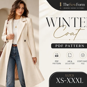 Könnte beinhalten: Ein cremefarbener langer Wintermantel mit steigendem Revers, zwei Knöpfen und langen Ärmeln. Der Text lautet TheSewForm, WINTER Coat, PDF PATTERN, PDF PATTERN, A4 & US LETTER, COPY SHOP FILE, SIZES XS-XXXL. Der Mantel wird über einem weißen Oberteil und blauen Jeans getragen.