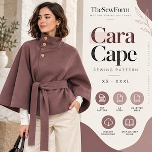 Puede incluir: Una capa malva con cuello alto, tres botones y cinturón de lazo. El texto dice TheSewForm Modern Sewing Patterns Cara Cape Sewing Pattern XS - XXXL, PDF Pattern, A4 Sizes, US Letter Sizes, Instant Download, Step-by-Step Guide.