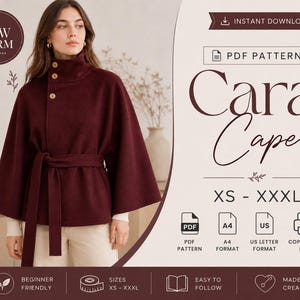 May include: A PDF sewing pattern for a Cara Cape in sizes XS to XXXL. The design features a deep burgundy high-neck cape with three buttons and a matching waist tie. The document includes A4 and US Letter formats, plus a copy shop file.
