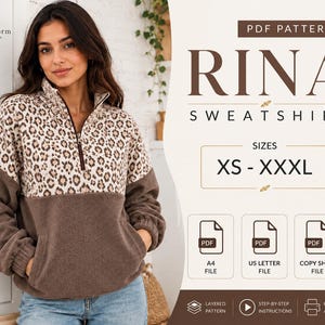 Może przedstawiać: Wzór krawiecki w formacie PDF dla bluzy Rina, dostępny w rozmiarach od XS do XXXL. Projekt zawiera zamek błyskawiczny do połowy klatki piersiowej, górną część w panterkę oraz dolną część w jednolitym brązowym kolorze z długimi rękawami.
