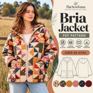 Op de afbeelding: Een gewatteerd jack met een veelkleurig patchwork bloemenpatroon, een capuchon, een ritssluiting aan de voorzijde en twee grote opgestikte zakken. De tekst luidt TheSewForm Bria Jacket PDF Pattern, maten XS-XXXL, met instructie-iconen.
