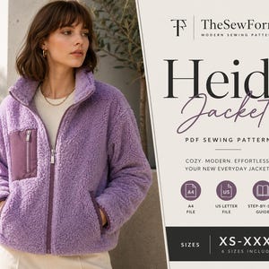 Puede incluir: Una chaqueta de forro polar color lavanda con cuello alto, cremallera frontal completa y un bolsillo en el pecho con cremallera en color morado. El texto dice TheSewForm Modern Sewing Patterns Heidi Jacket PDF Sewing Pattern Sizes XS-XXXL.