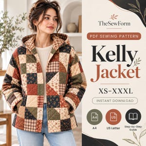 May include: A quilted hooded jacket featuring a patchwork design of brown, cream, and dark green floral and plaid squares. The text reads TheSewForm PDF SEWING PATTERN Kelly Jacket XS-XXXL INSTANT DOWNLOAD A4 US Letter Step-by-Step Guide.