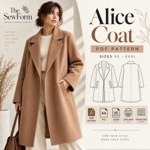 Könnte beinhalten: Ein beigefarbener Mantel mit Reverskragen, langen Ärmeln und Seitentaschen. Das digitale Schnittmuster zeigt den Text Alice Coat, PDF Pattern, Größen XS bis XXXL sowie Symbole für A4, US Letter, Copy-Shop-Dateien und eine Anleitung.