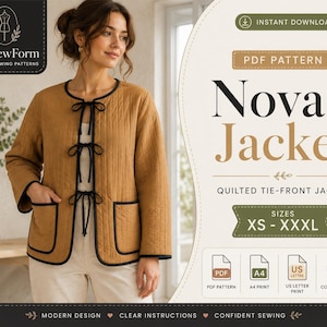 Op de afbeelding: Een beige doorgestikt jasje met zwarte biezen en drie striksluitingen aan de voorzijde. Het jasje heeft lange mouwen en twee opgestikte zakken. De tekst op de afbeelding luidt: TheSewForm, Nova Jacket, PDF Pattern, Quilted Tie-Front Jacket, Sizes XS-XXXL.