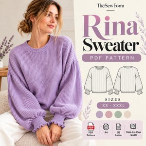 May include: A lavender long-sleeve sweater with a ribbed texture and ruffled cuffs. The image includes text reading TheSewForm Rina Sweater PDF Pattern, size range XS-XXXL, and icons for PDF, A4, US Letter, and a step-by-step guide.