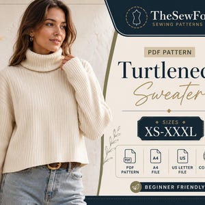 Può includere: Un cartamodello digitale per un maglione a collo alto a coste color crema. La grafica include il testo TheSewForm Sewing Patterns, Turtleneck Sweater, taglie XS-XXXL, PDF Pattern, A4 File, US Letter File, Copy Shop File e Beginner Friendly.